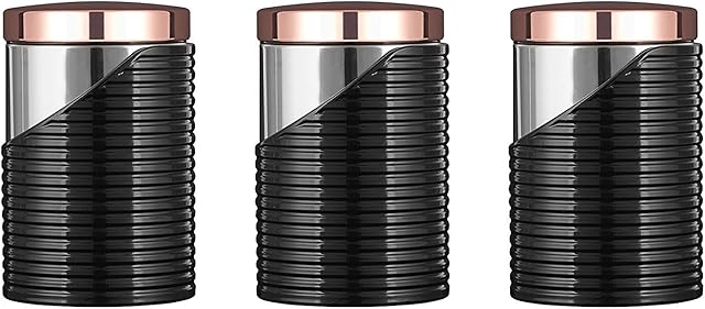 Tower T826001RB Linear Set of 3 Storage Canisters, Stainless Steel, Black and Rose Gold , 11.6 x 11.6 x 17 cm