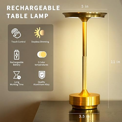 Miniatura 5 de Lámpara de mesa inalámbrica, 5200 mAh, recargable, funciona con pilas, lámpara de mesa LED de atenuación continua de 3 colores para restaurante,