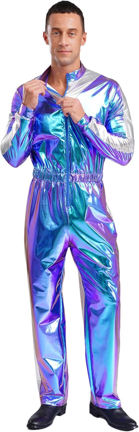 Oyolan Men Sparkly Shiny Bodysuit Long Sleeves Jumpsuit Fashion Casual Clothes Party Club Wear