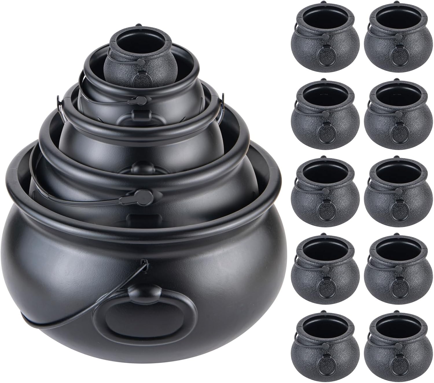 15 in 1 Package (12.8”, 9.8”, 7.6”, 5.7”, 2.7”) Large Black Plastic Witch Cauldron Kettle - Cauldrons Halloween Pot Candy Holder for Halloween Decor Party Supplies