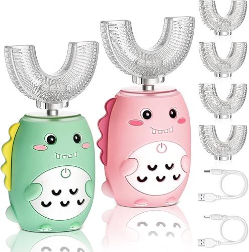 2 cepillos de dientes eléctricos en forma de U, cepillo de dientes ultrasónico recargable para niños pequeños con 4 cabezales de cepillo, cepillo de