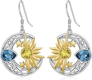 Sun and Moon Star Drop Dangle Earrings Sterling Silver Sunburst Crescent Celtic Half Moon Jewelry Gifts for Women Girls