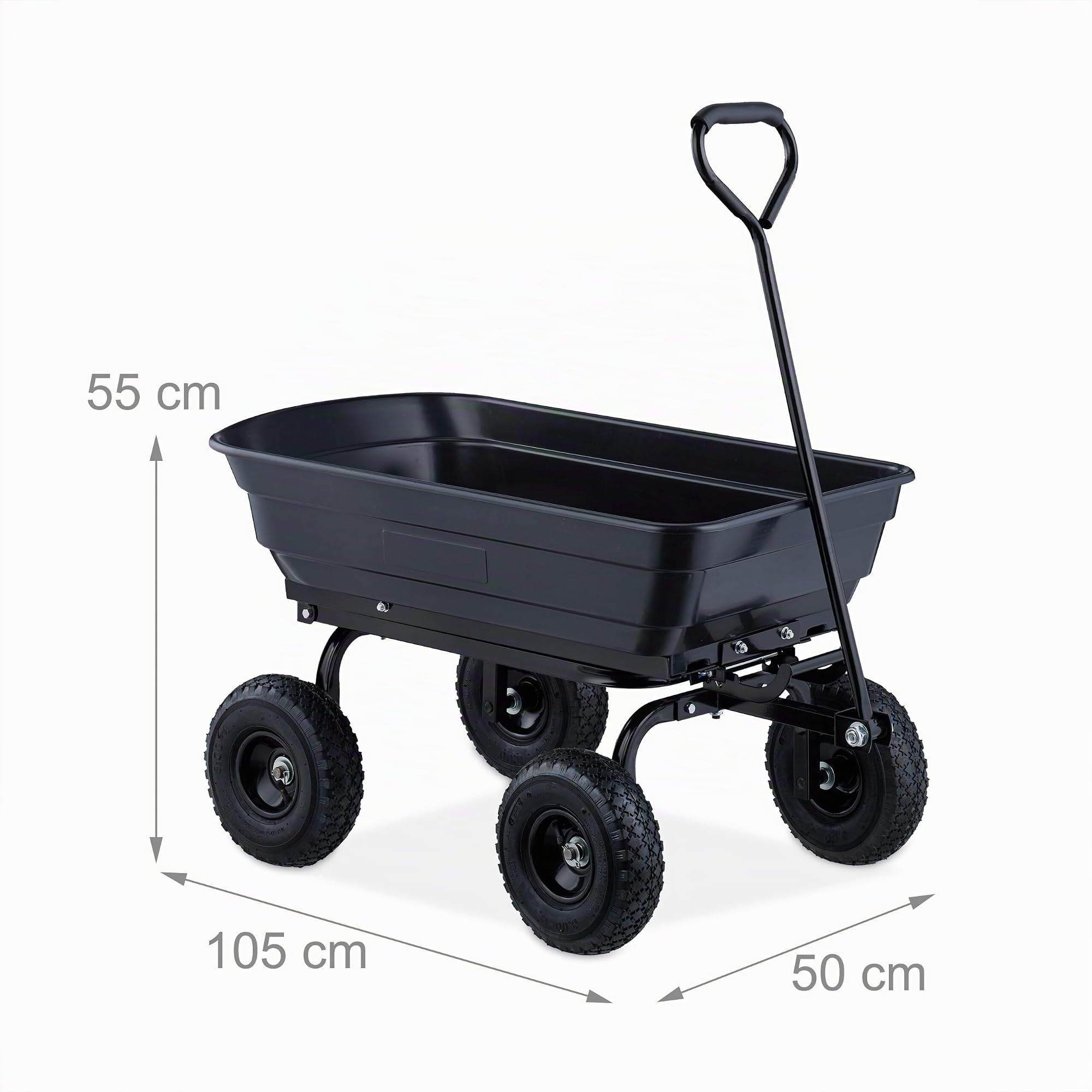Relaxdays Gartenwagen, mit Kippfunktion, Gartenabfälle, 4 Luftreifen 3.50-4, bis 250 kg, Handwagen zum Ziehen, schwarz