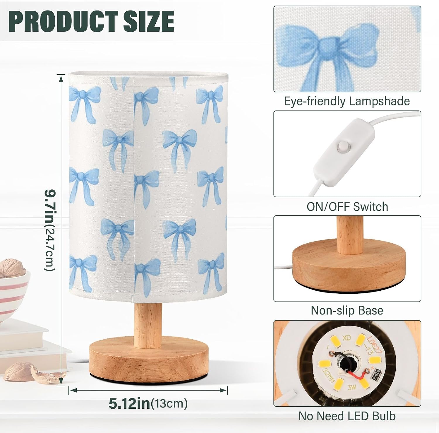 Blue Bow Color Table Lamp White Lamp with Round Fabric Linen Shade for Bedrooms, Guest Rooms, Living Rooms, Study Rooms, Offices, Desks