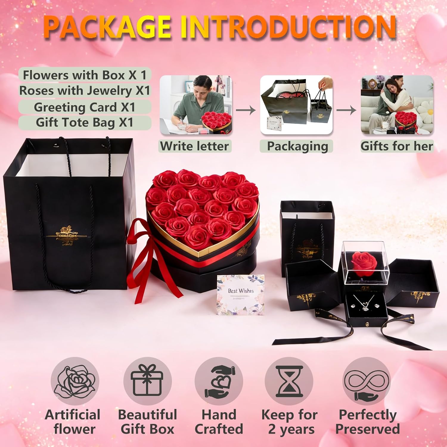 Gifts for Women Artificial Forever Flowers Box & Preserved Roses with Necklace Ring Earrings,Gifts for Her Girlfriend Mom Wife Grandma on Mothers Day Birthday Valentines Christmas Anniversary,Wedding