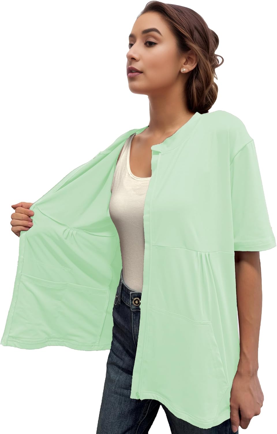 Youdiao Mastectomy Shirts with Drain Pockets Post-Surgery Must Haves Soft Full Front Zip-Up Short Sleeve Recovery Tops - Image 5