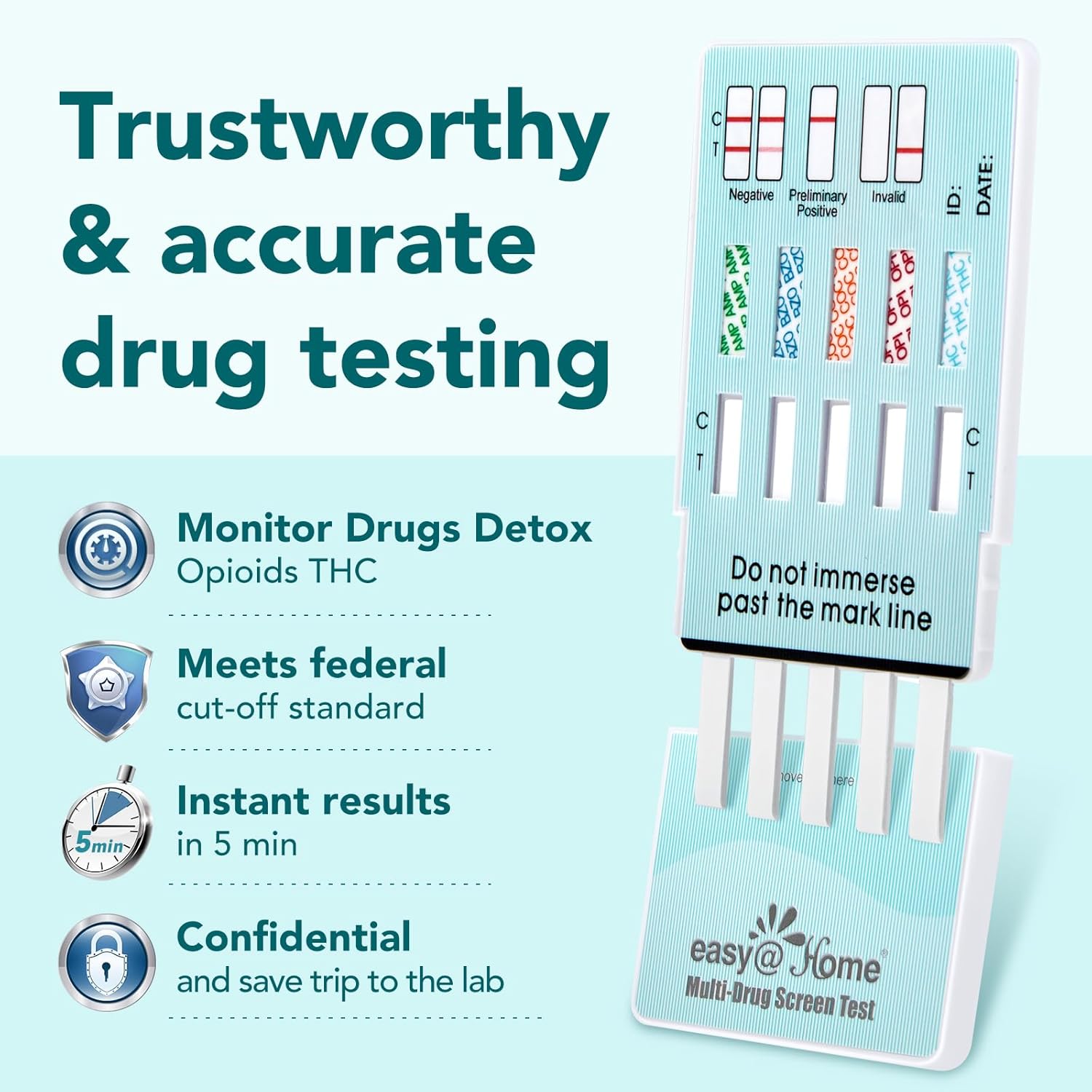 Easy@Home Multi-Drug Screen Test - Urine Drug Test Kit Testing 5 Most Used Drugs Amphetamine (AMP), Cocaine (COC), Morphine (OPI 2000), Oxazepam (BZO), Cannabinoids (THC 50) - #EDOAP-754 (50 Pack)