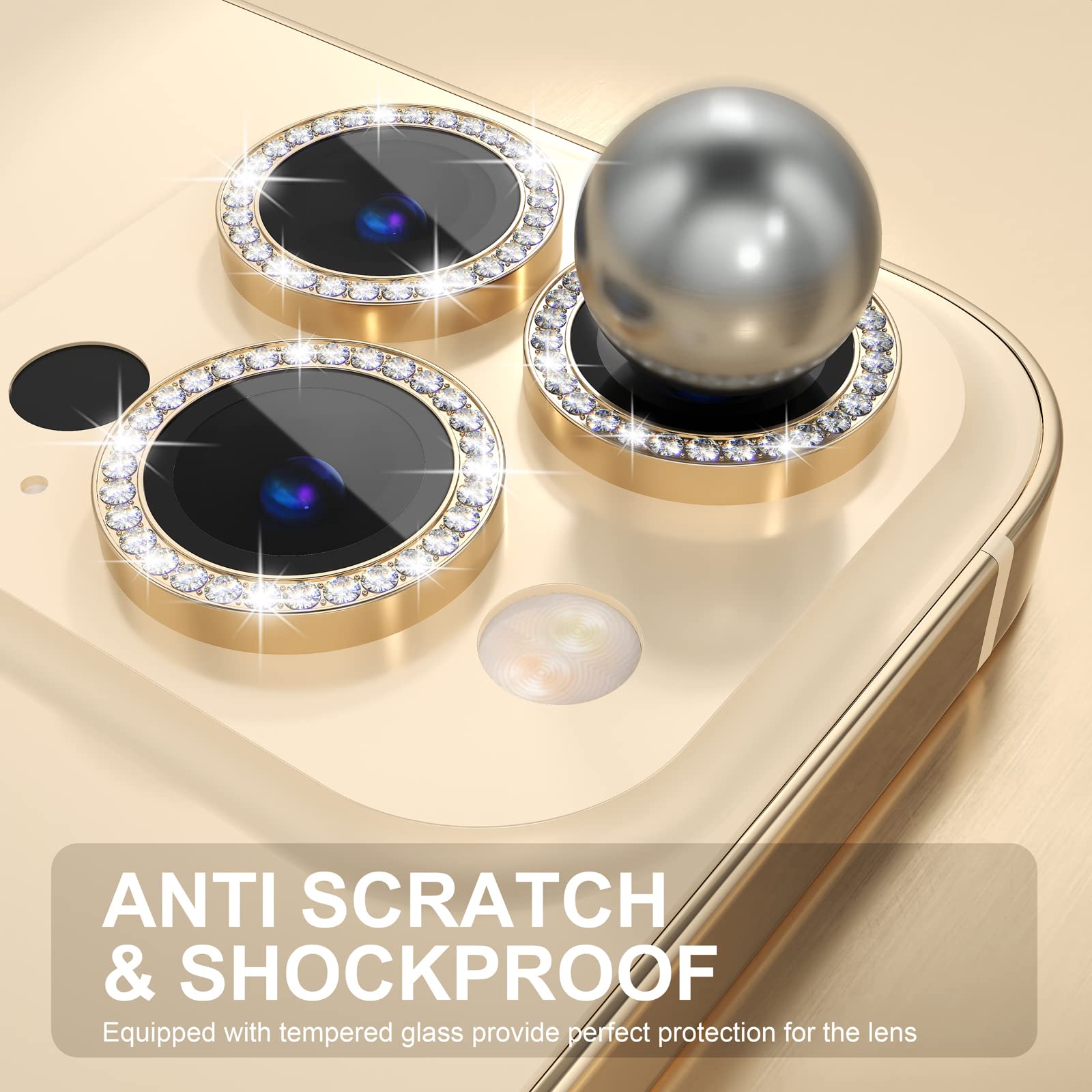 [3+1] Choiche dla iPhone 14 Pro / iPhone 14 Pro Max osłona obiektywu aparatu, szkło hartowane 9H, osłona aparatu, ochraniacz ekranu, metalowy pierścień, akcesoria dekoracyjne (diamentowo-złoty)