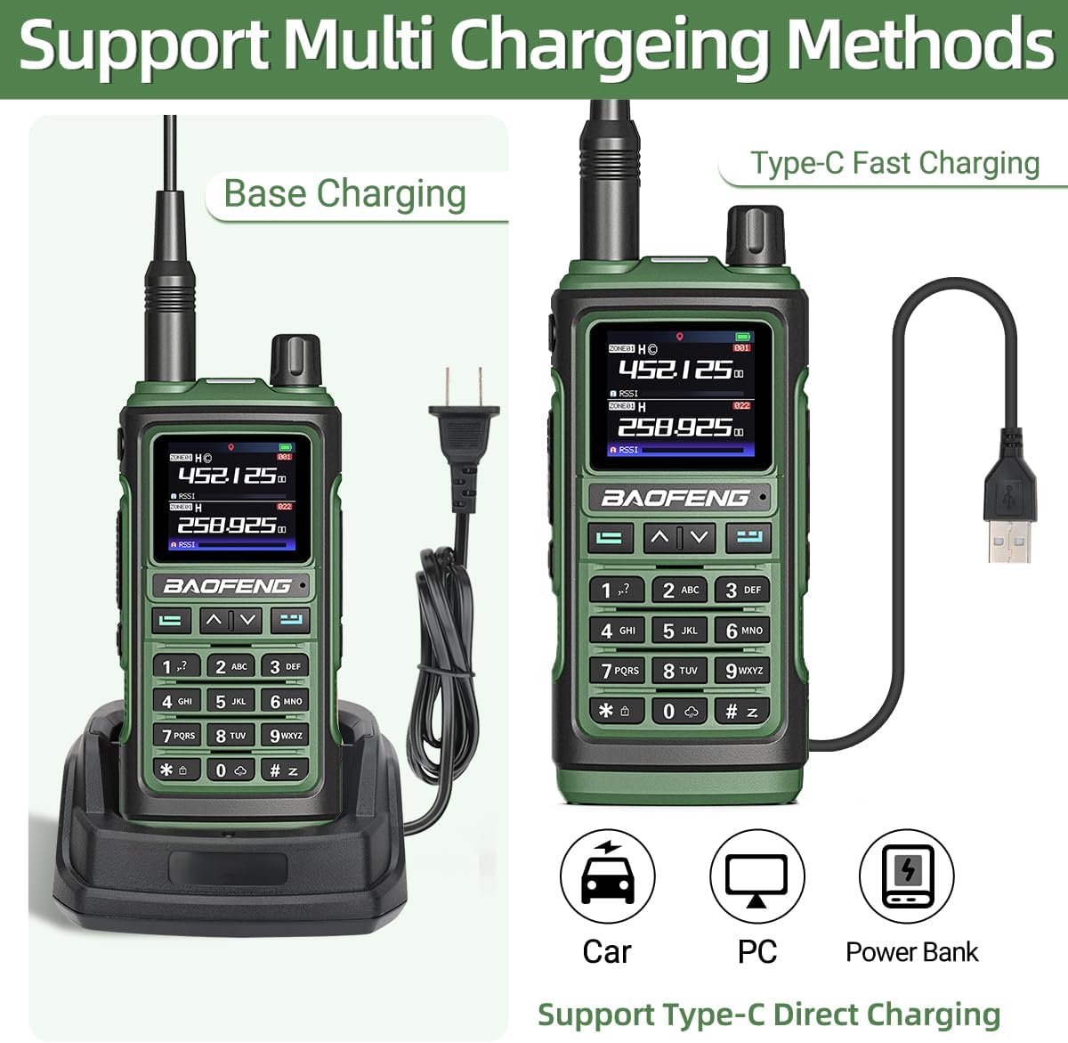 Dau radio GPS BAOFENG UV-17 PRO yn arddangos gwahanol ddulliau gwefru: un mewn gwefrydd sylfaenol ac un arall wedi'i gysylltu trwy gebl USB-C.