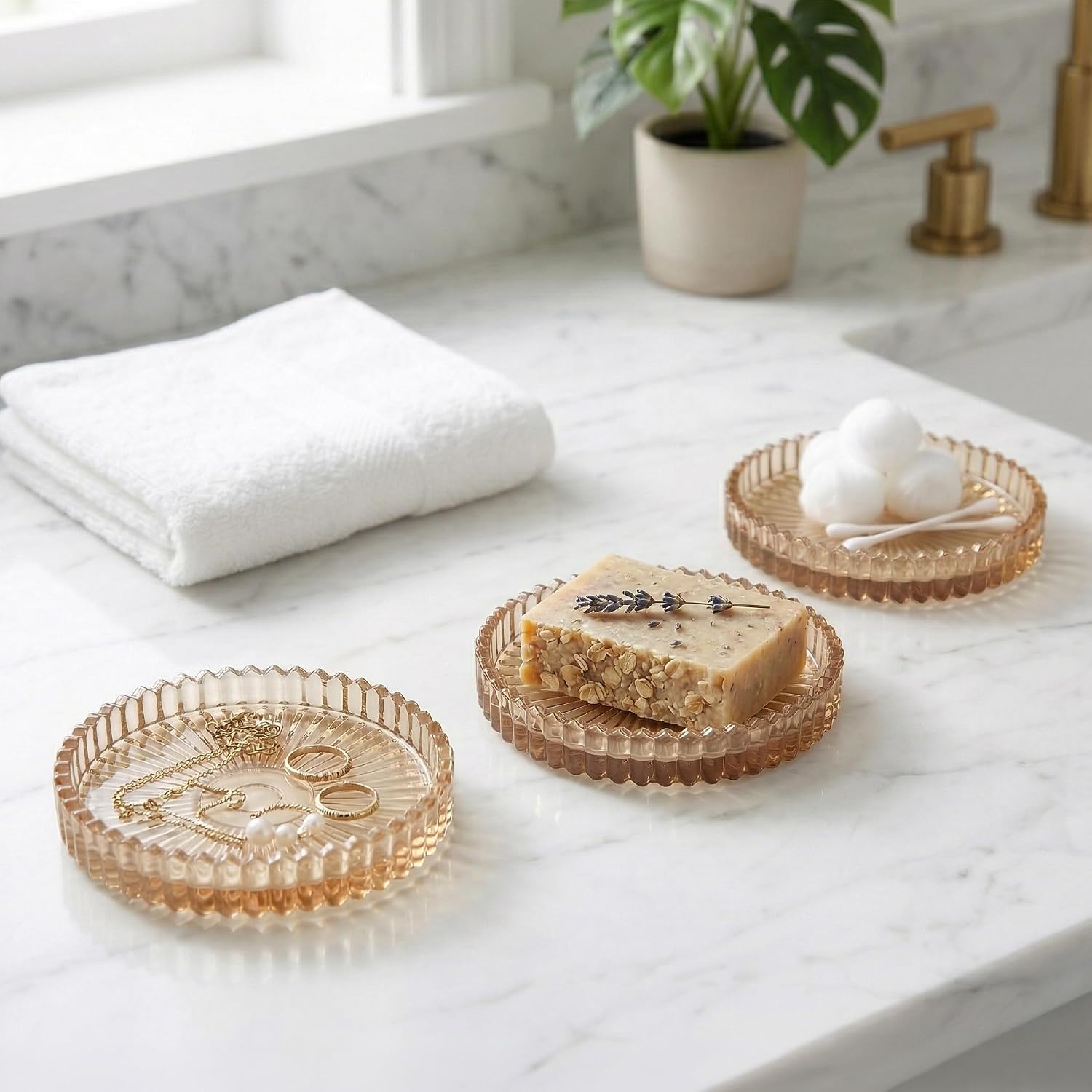 3PCS Amber Ribbed Pillar Candle Holders: Clear Crystal Votive Candle Dish - Modern Vintage Round Glass Coasters & Jewelry Tray for Kitchen Island, Coffee Table Centerpiece, Bathroom Counter Decor