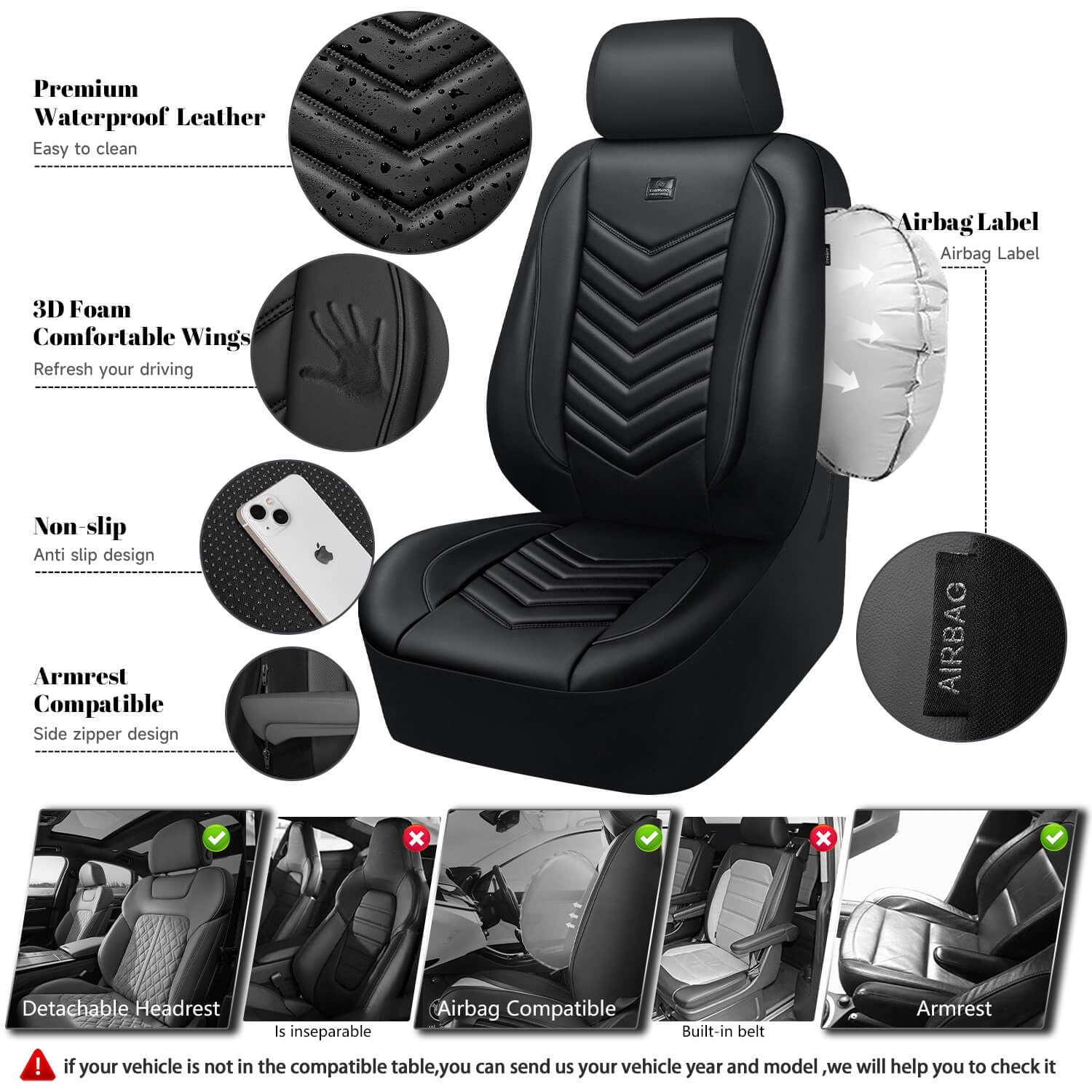 CAR PASS 3D Foam Faux Leather Car Seat Covers Front Seats Waterproof Leather Front Seat Cover for Cars — view 3