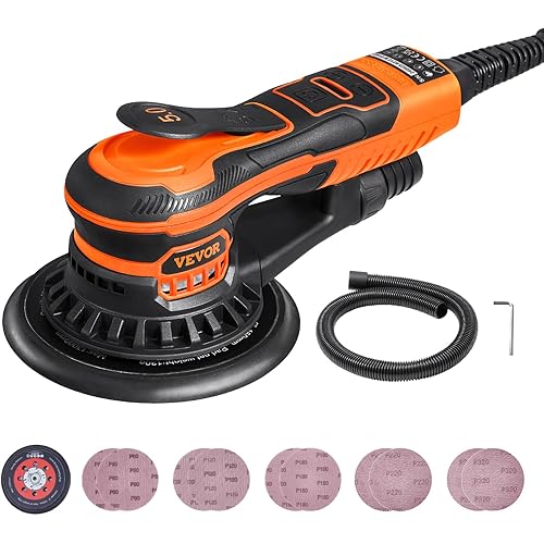 VEVOR Random Orbital Sander 6-Inch, 350W Brushless Orbital Sander, 10,000 PRM 6 Variable Speed Electric Palm Sander with 10PCS Sandpapers, Dust Connector & Hose for Woodworking Detailing Sanding
