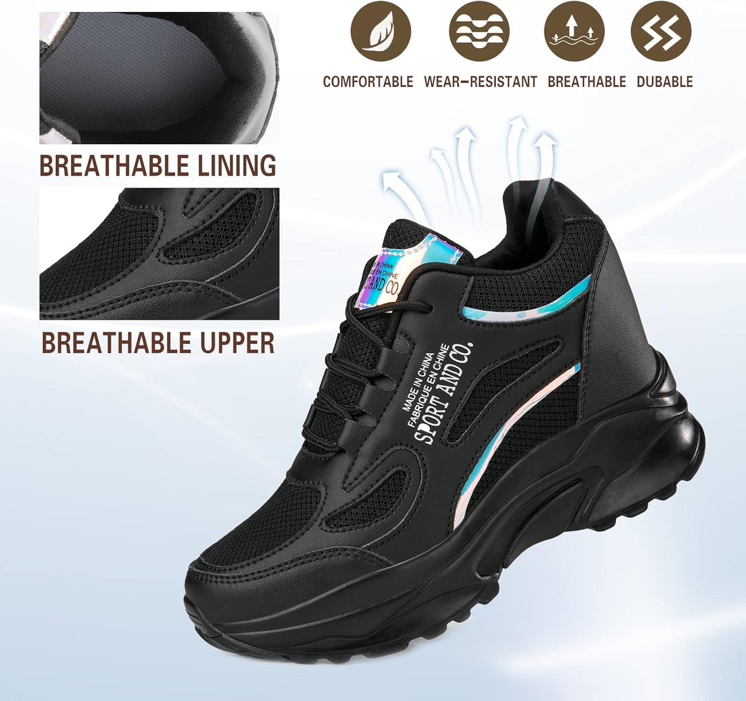 AONEGOLD Women's Hidden Wedge Sneakers High Heeld Lace Up Fashion Lightweight Walking Shoes Platform Sneakers - Image 5