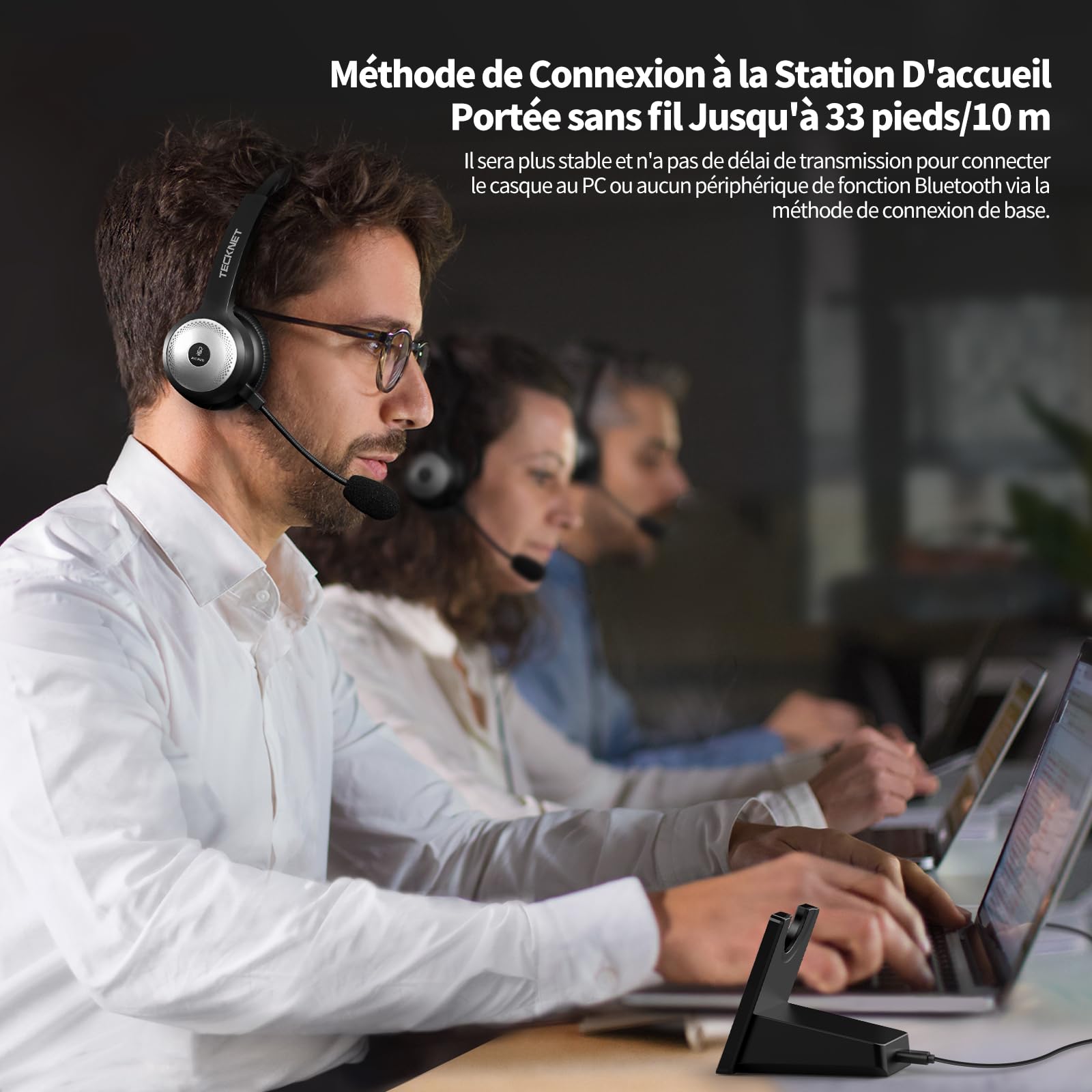TECKNET Casque Bluetooth avec Microphone, Casque sans Fil Suppression du Bruit AI avec Station de Charge, 40 heures d'autonomie,pour PC Portable Ordinateur/Centre d'appels/Téléphones/Skype/Bureau/Zoom