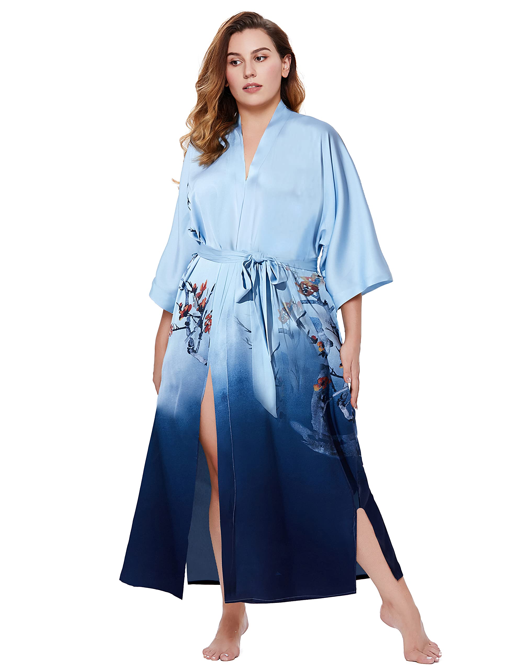 PRODESIGNPlus Size Long Kimono Robe Floral Satin Robes Plus Size Kimono Cover Up Loose Cardigan Top Bachelorette Party Robe