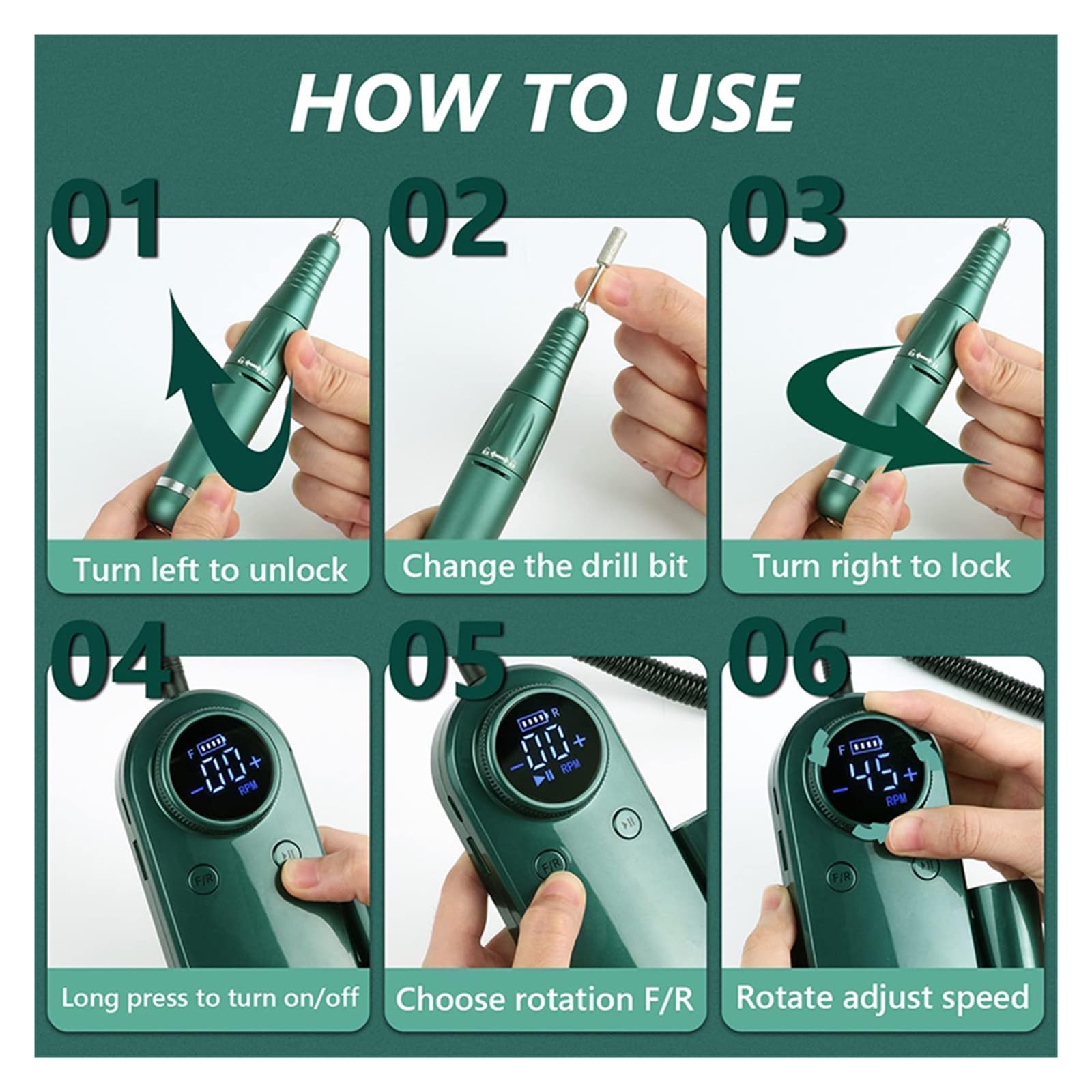 Trapano elettrico per unghie, 45000 giri/min, macchina per manicure ricaricabile con display LCD, set portatile senza fili per nail art, strumenti professionali per unghie, argento