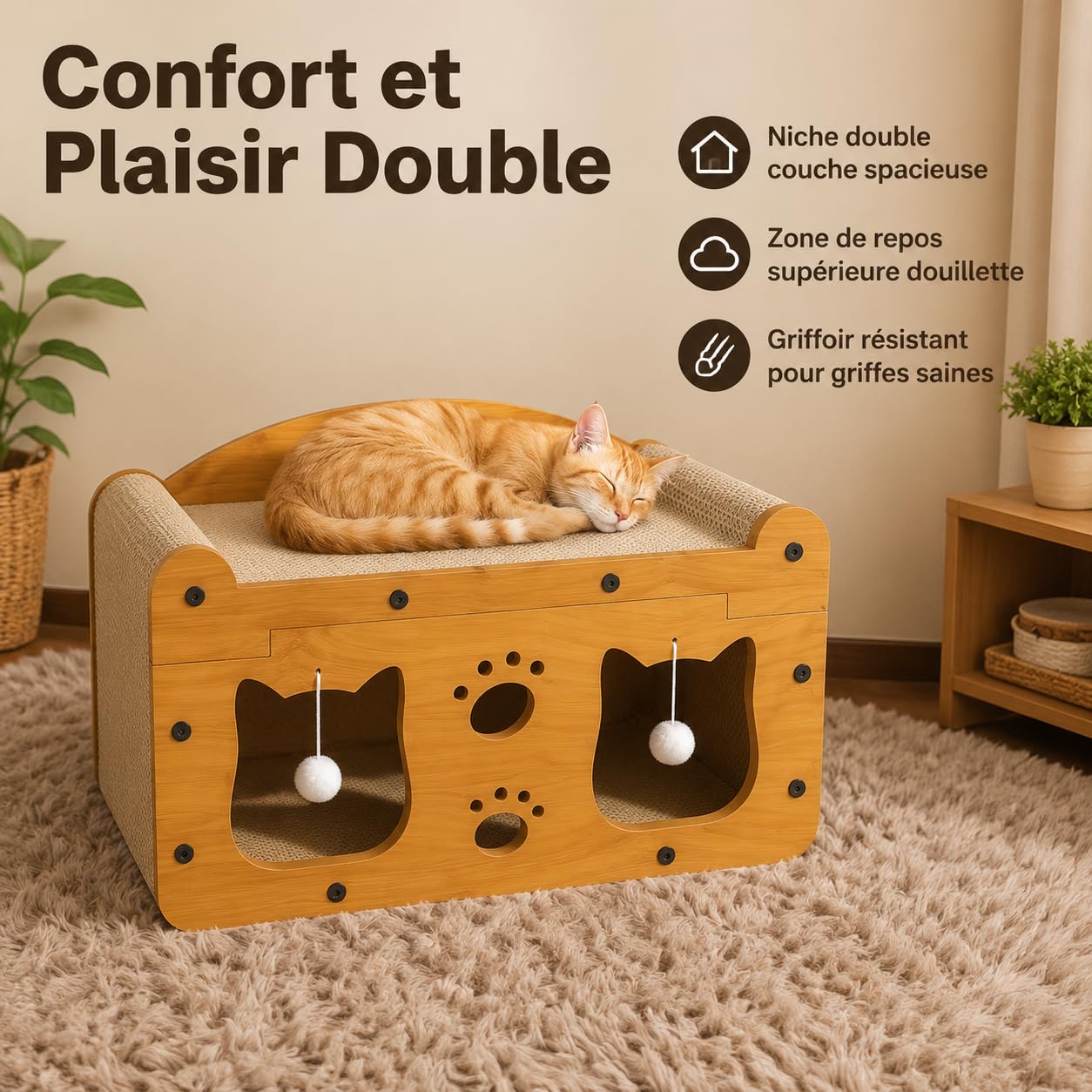 Maison Chat Confortable avec Griffoir pour Chat en Carton, Grattoir Chat et Niche Chat, pour Chats d’Intérieur, Style to 2, Moyen : 51 × 27 × 30 cm