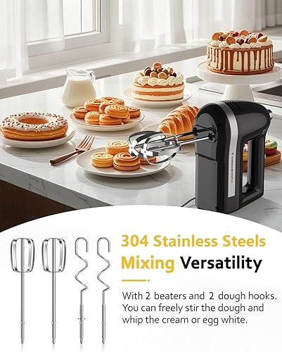 Miniatura 5 de Batidora de mano eléctrica, potente batidora de mano de 300 W eléctrica de mano con 304 batidores, gancho de masa, batidora de mano con turbo para