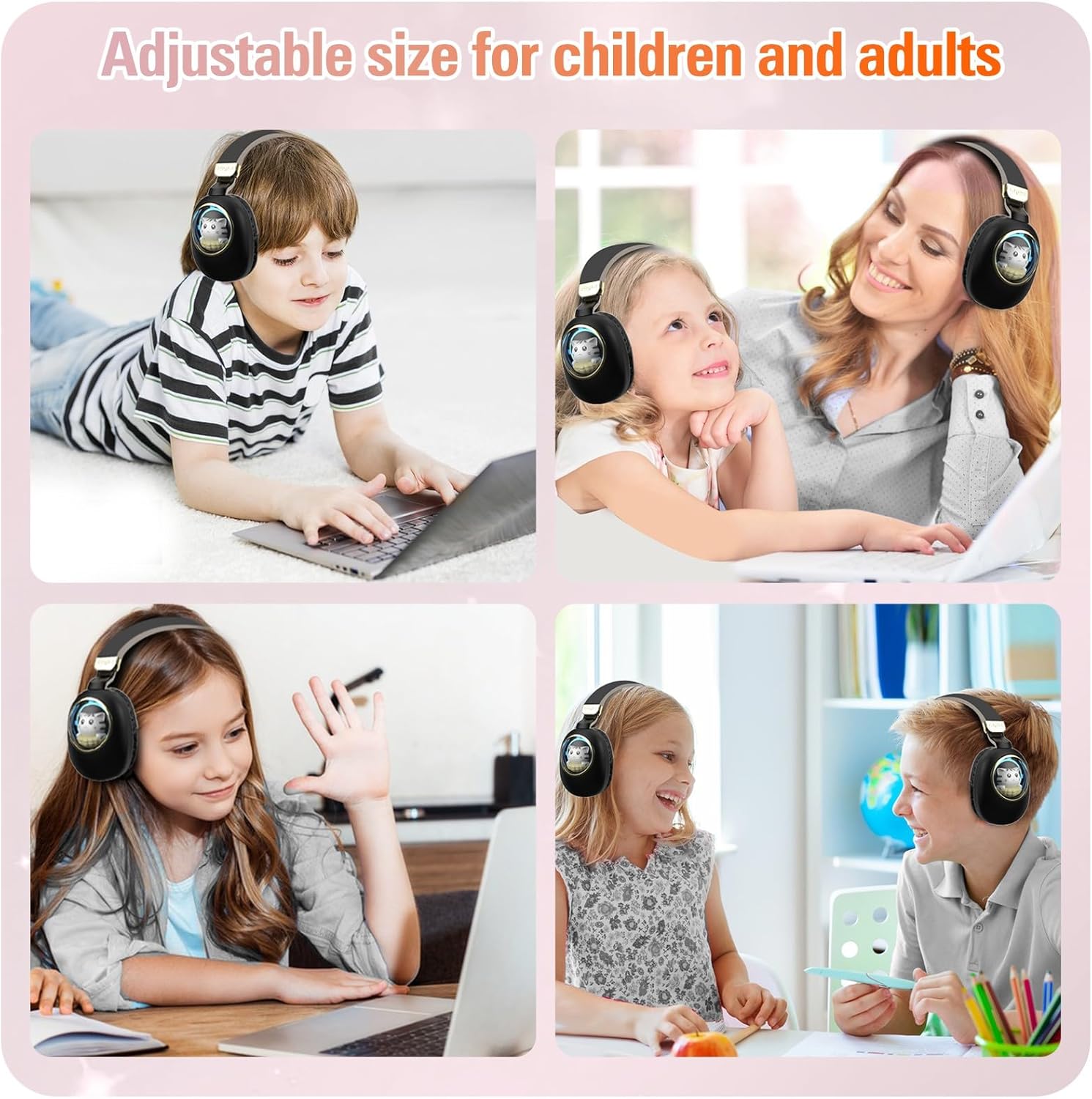 Kids Bluetooth Headphones - Light Up Cat Over Ear Kids Wireless Noise Cancelling Headphones with Microphone for Kids for School Gaming Headset Headphones for IPad Kindle Tablet PC Travel (Black Gold)