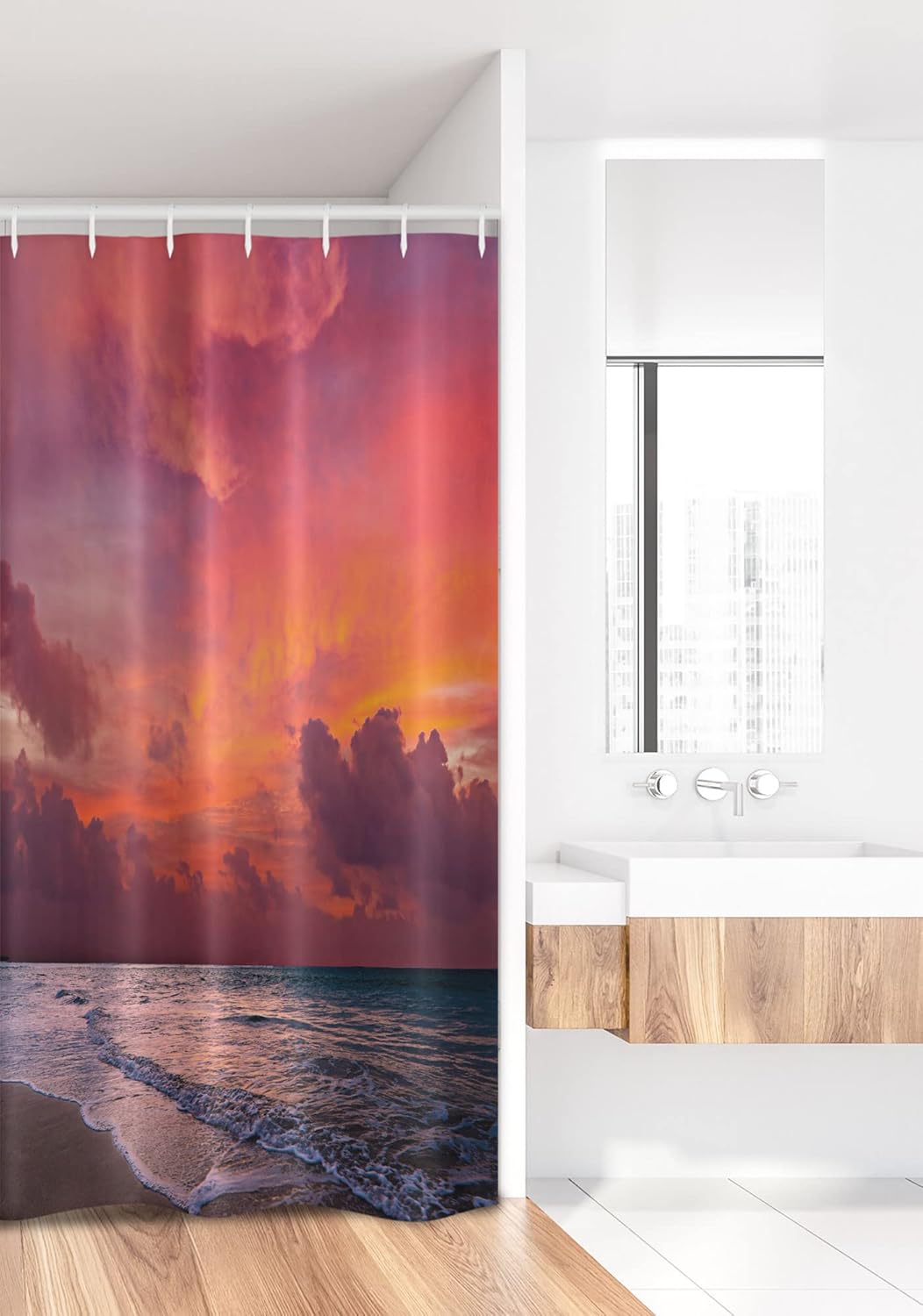Ambesonne Balinese Stall Shower Curtain, Calm Ocean Shoreline on Tropical Sunrise. Bali Indonesia Wavy Sunbeams Scenic, Fabric Bathroom Decor Set with Hooks, 36" W x 72" L, Pink Orange Tan