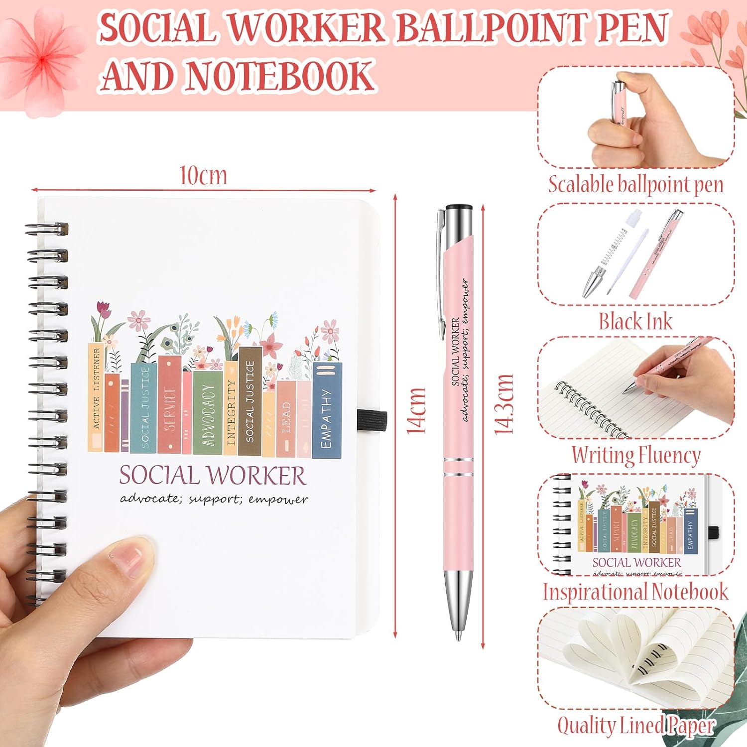 5 Pcs Social Worker Appreciation Gifts, Cosmetic Bag, Canvas Bag, Coil Notebook, Ballpoint Pen and Keychain for Women Office School Graduation Advocate Coworker Christmas Anniversaries Gift - Image 3