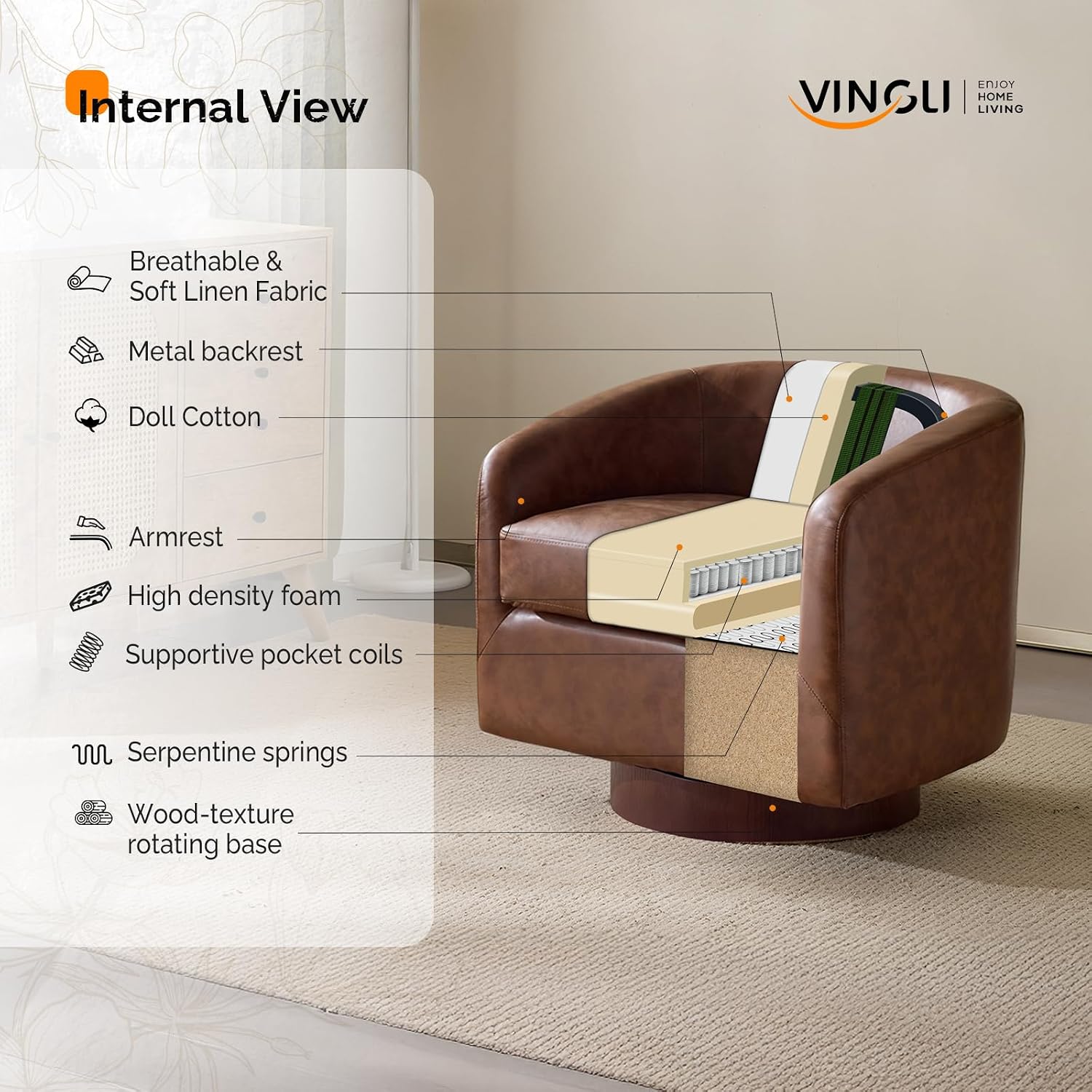 VINGLI 360°Swivel Accent Chair with Engineered Wood Base and Removable Cushion for Living Room, Bedroom, Curved Back Barrel Chair for Small Space, Upholstered Bucket Armchair, Pu-Brown