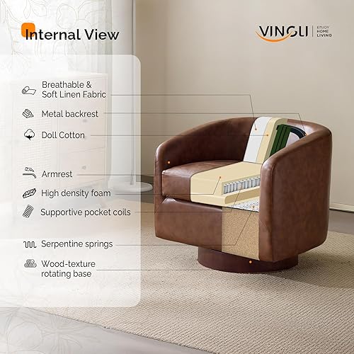 Miniatura 7 de VINGLI Silla giratoria de 360 con base de madera de ingeniería y cojín extraíble para sala de estar, dormitorio, silla de barril con respaldo