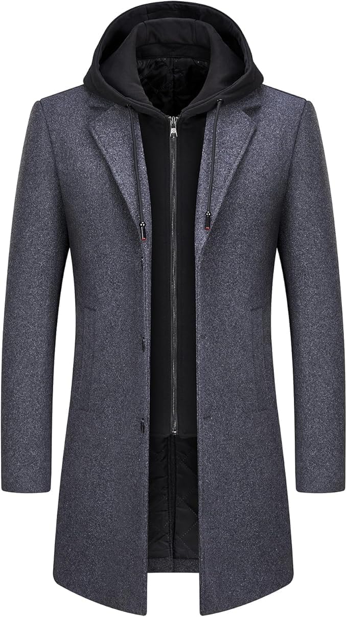 Lamgool Men's Winter Wool Blend Long Coat Single Breasted Overcoat with Removable Hood