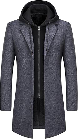 Lamgool Mens Winter Wool Blend Long Coat Single Breasted Overcoat with Removable Hood