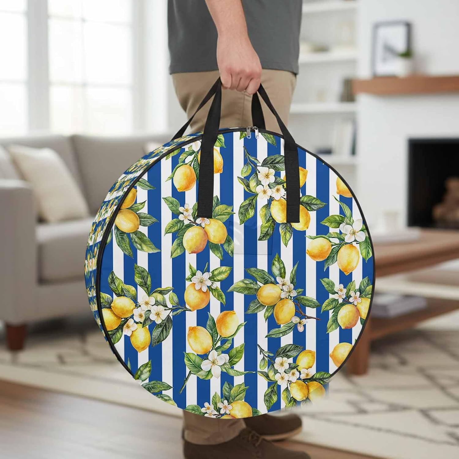 Storage Bag Floral Lemon Round Storage Totes Bins Closet Organizers with Zippers & Handle Fruit Leaves Blue Stripes Clothes Storage Container for Bedroom Dorm Space Saving Packing Supplies Moving Bags
