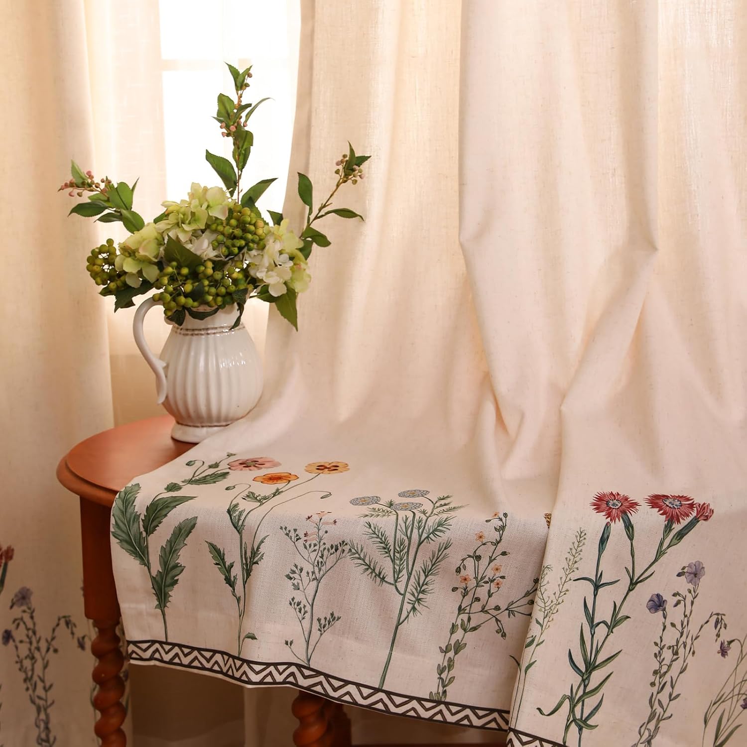 ISAENNE Vintage Beige Cottage Curtains with Grommets,Western Linen Semi Blackout Home Decor Curtain for Bedroom Living Room Kitchen Window,2 Panels 53 Inches Wide by 63 Inches Long -Serenity G