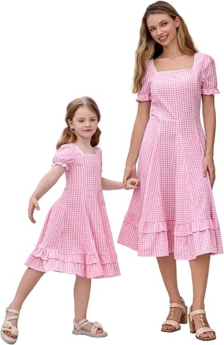 AWIBMK Mommy and Me Dress Puff Sleeve Squre Neck Smocked Back A-line Mother Daug