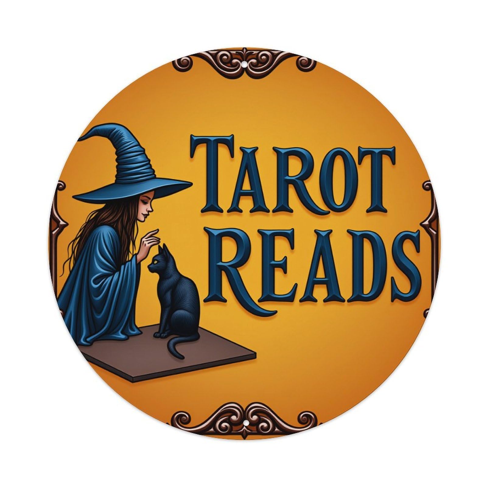 Witch Cat Tarot Reading Magic Round Tin Sign Vintage Metal Poster Retro Bar, Home, Man Cave, Kitchen, Laundry Room Wall Art Decor Gift 8x8Inch
