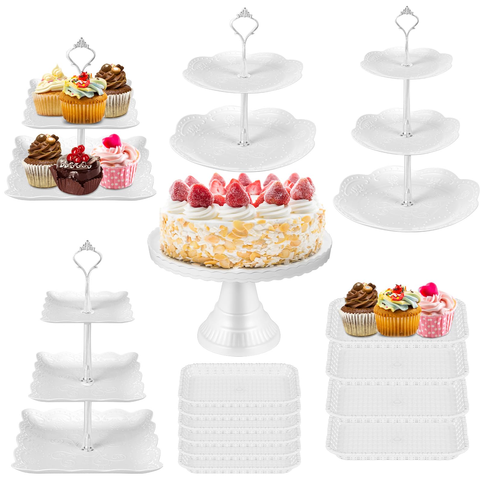 Zhehao 15 Pcs Dessert Table Display Set Tiered Cupcake Stands Serving Tray Plastic 2 Tier 3 Tier Cake Stands Round Cake Stand Candy Fruit Display Tower for Wedding Birthday Party (Silver, White)