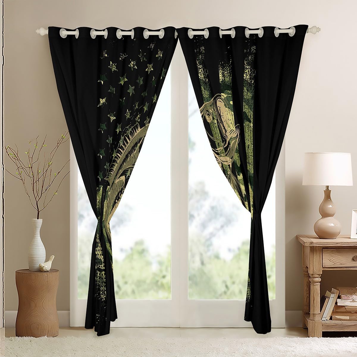 Feelyou Green Black Camouflage Window Curtains Fish Camo American Flag Curtains for Bedroom Men Farmhouse Fishing Decor Blackout Curtains(30-50%) Wild Window Drapes (2 Panels, 42 x 63 Inch)