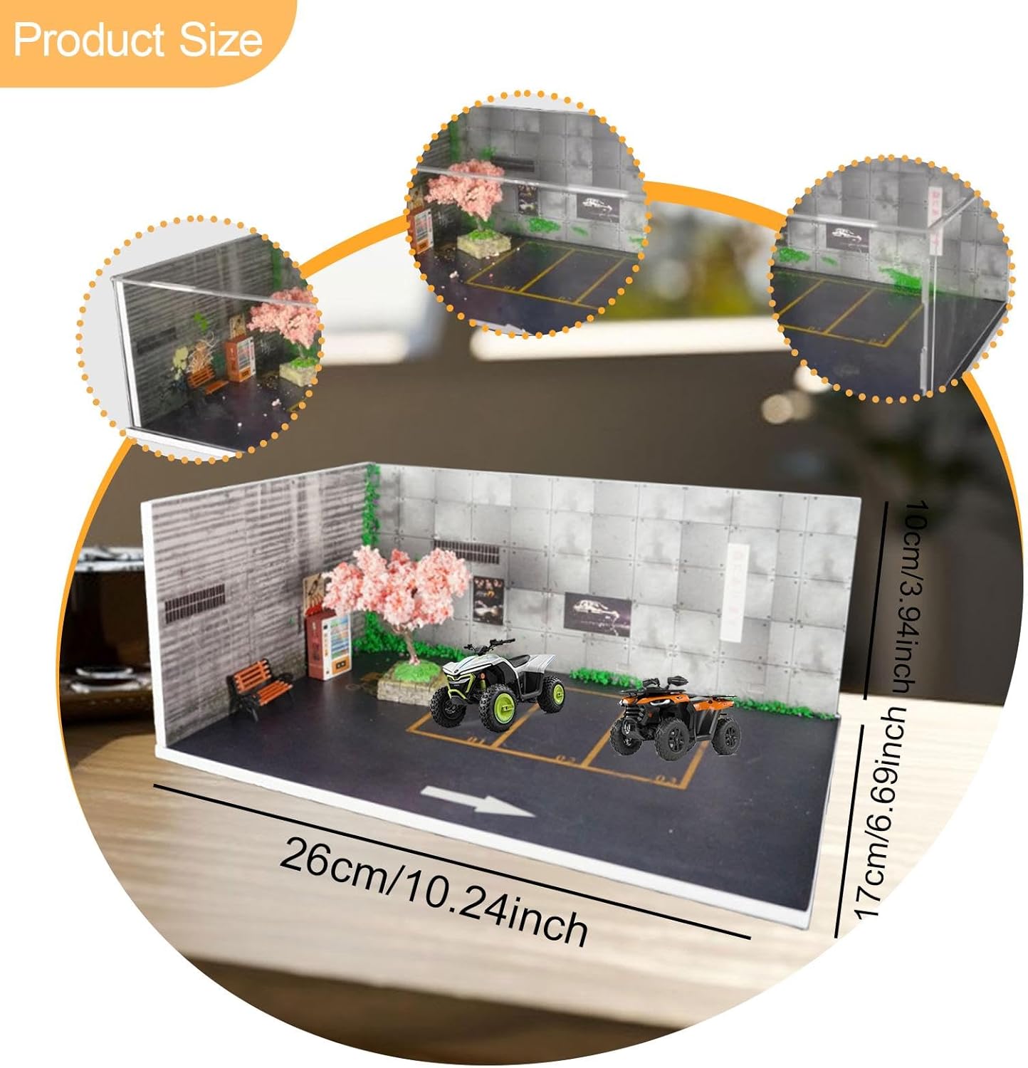 1/64 Parking Lot Scene Mini Alloy Car Model Garage Simulation Gift Japanese Street Vehicle Scene Toy for Accessories Layout, No Dust Cover