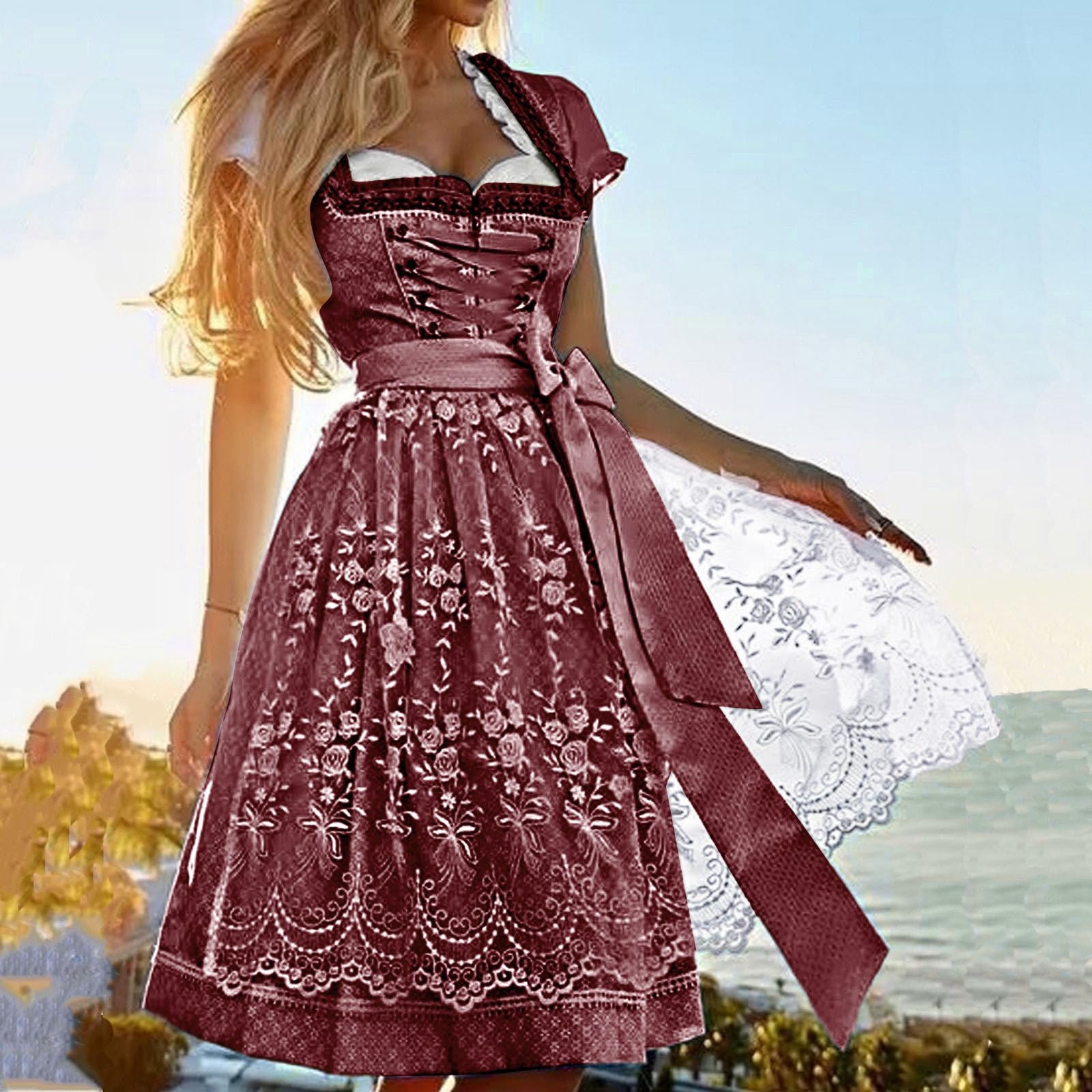 SKFLABOOF Dirndl Midi Damen 'Dirndl Gr 50 Oktoberfest Outfit Kurz Dirdnl Lang Trachtenrock Drindl Dirnsl Stretch Für Trachtenkleid Kleid Komplettset Ohne Schnürung Dindl 3 Teilig Drindel