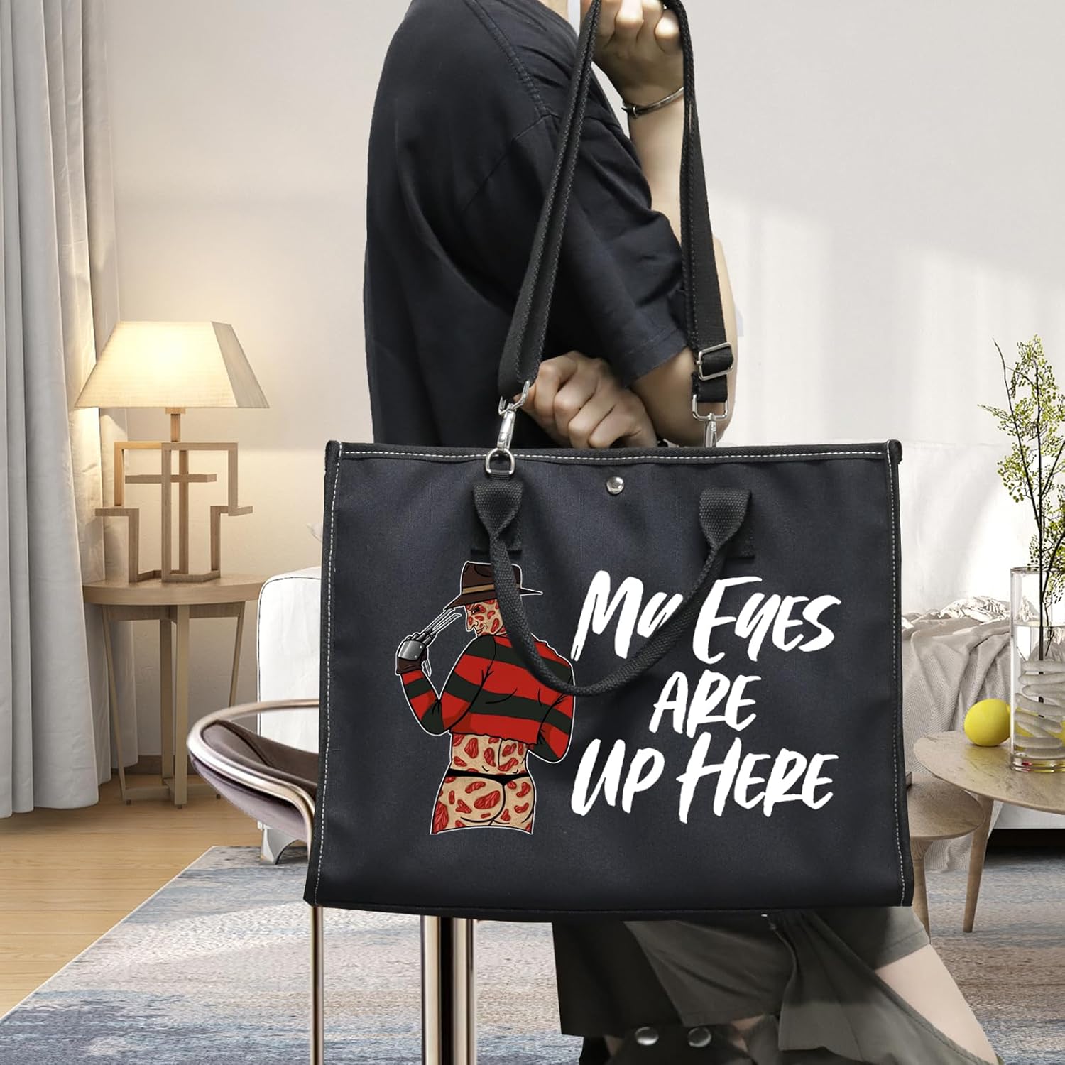 WZMPA Horror Movie Cosmetic Makeup Bag - Inspired Gift 'My Eyes Are Up Here' Zipper Pouch Bag For Movie Fans (Eyes Up Here BG) - Image 5