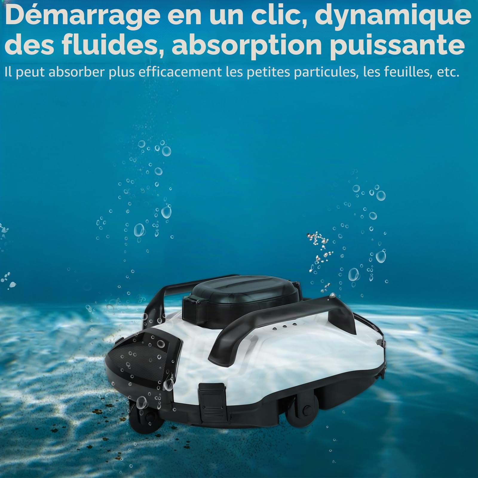 Robot Piscine Double Moteur, stationnement Auto, Batterie 5000mAh, 110min, Filtration 200μm, IPX8, idéal Fond Plat ≤85m²