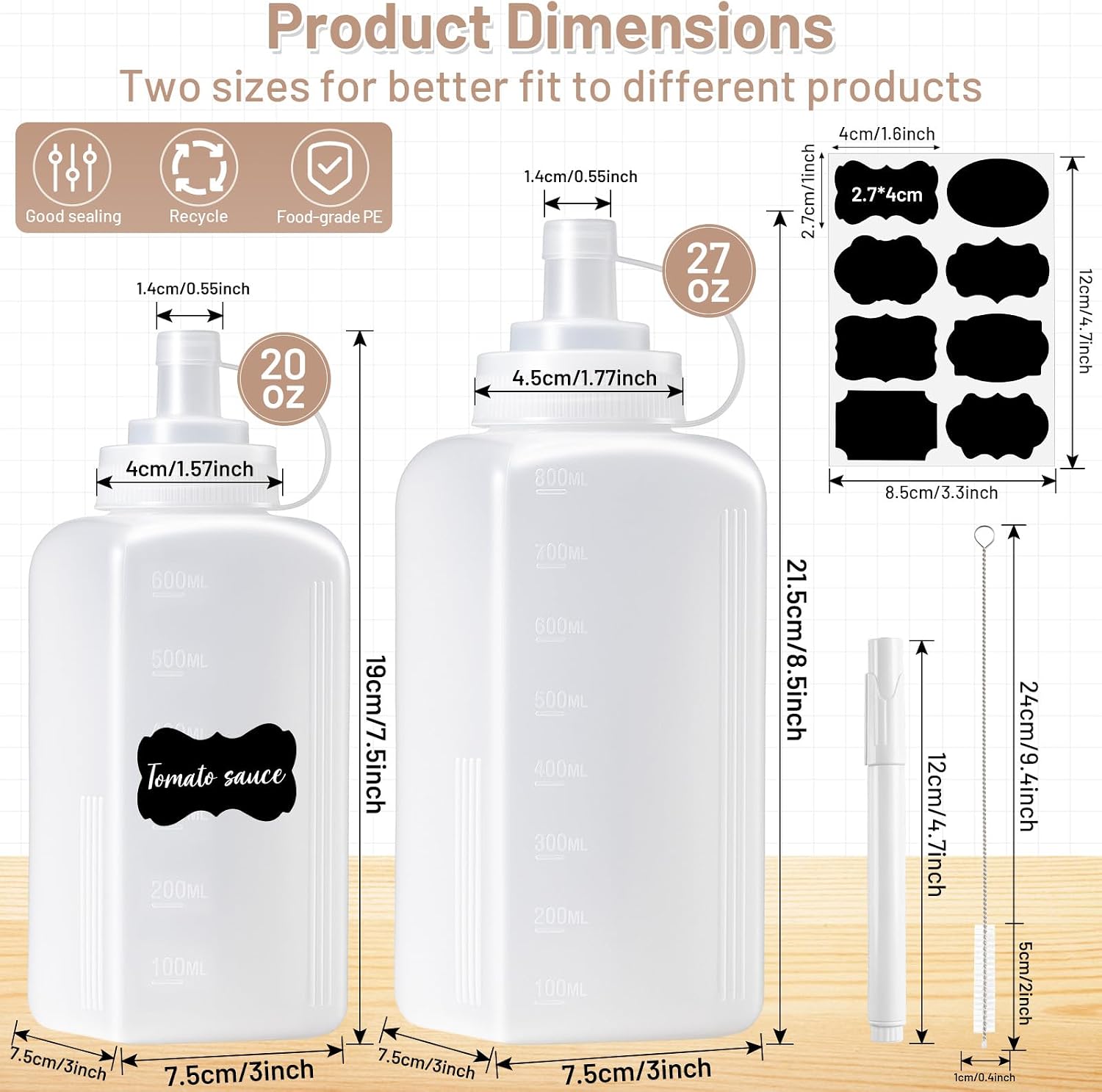 2 Pack Condiment Squeeze Bottle Wide Mouth, 27oz 20oz for Sauces