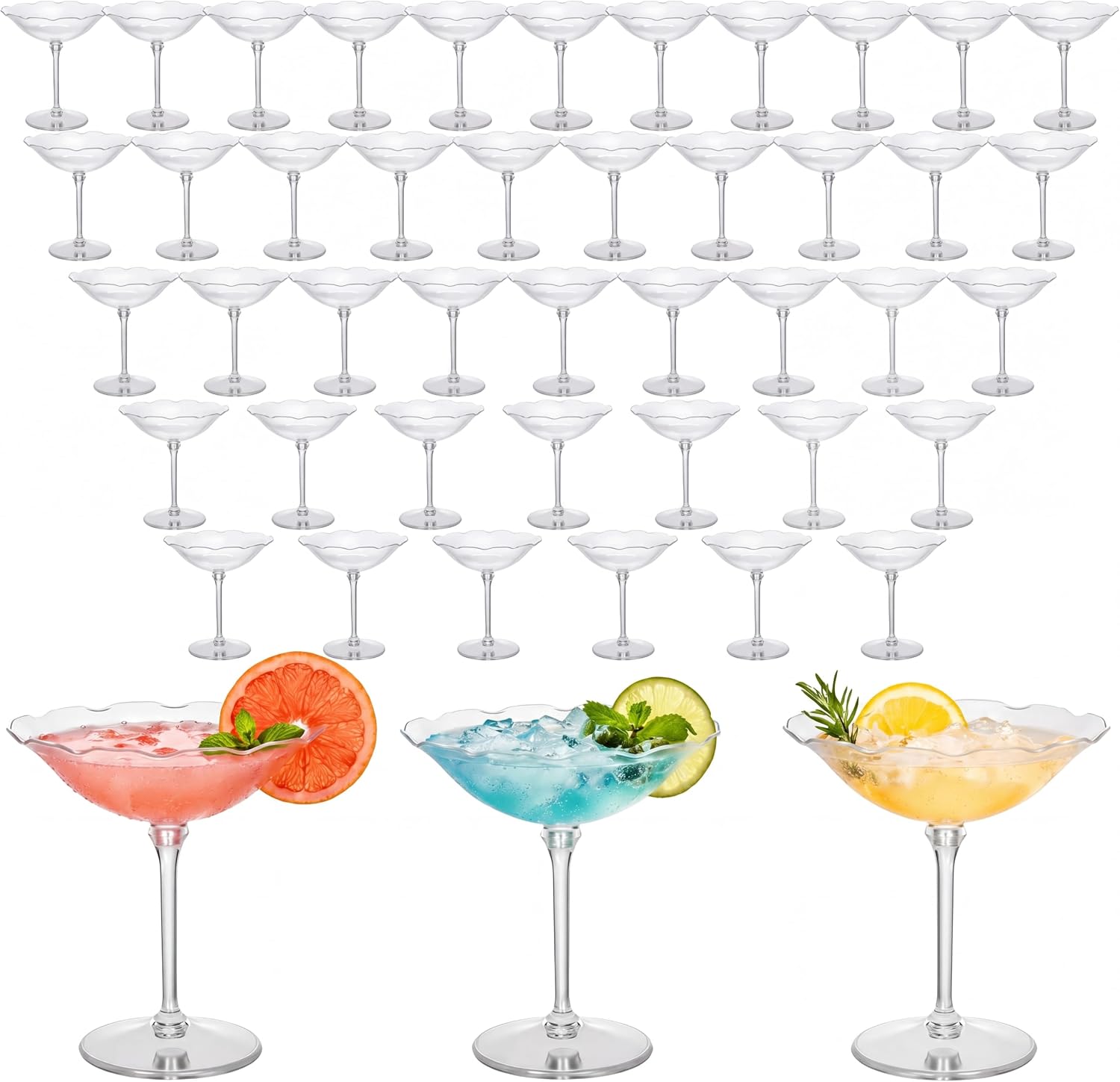Jingmore Plastic Martini Glasses 7 oz Disposable Flower Coupe Wave Glasses Elegant Cocktail Unbreakable Dessert Parfait Glassware for Wedding Birthday Party Supplies(24 Pcs)