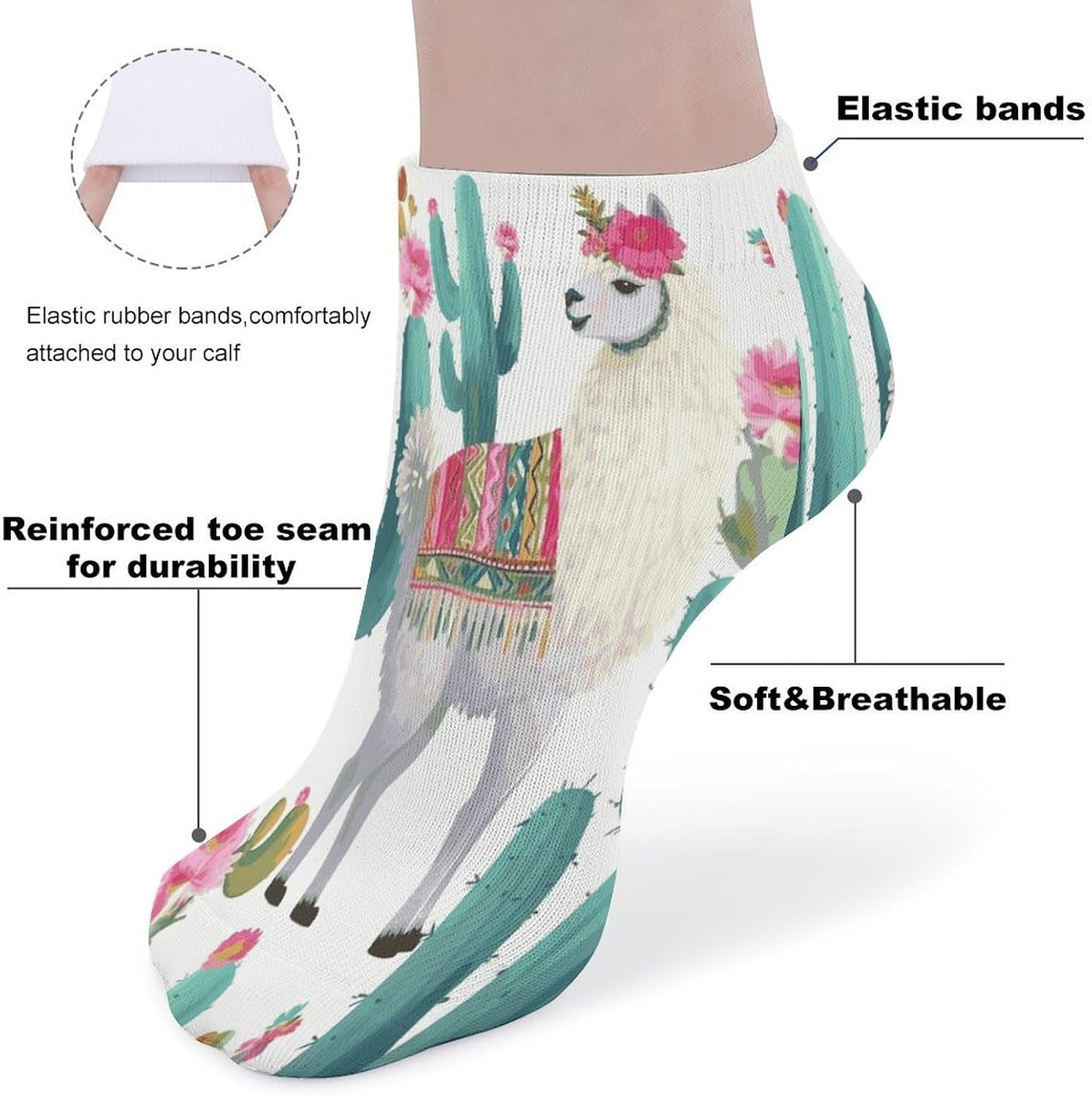 Llama Alpaca Cactus Flower Ankle Socks for Men Women 5 Pairs | Comfortable Casual Low Cut Socks, Lightweight No Show Breathable Athletic Socks, Soft Mini Crew Socks for All Seasons