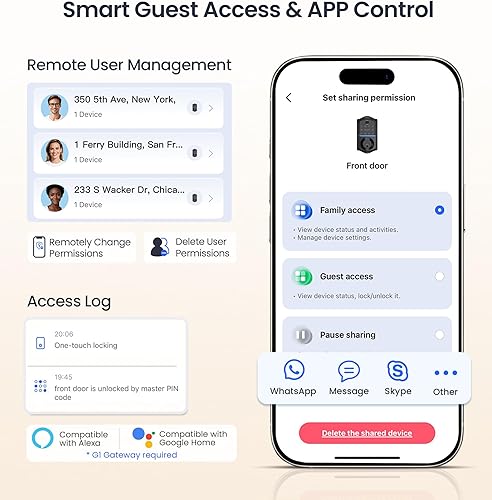 Miniatura 10 de Veise VE017-D - Juego de cerradura inteligente para puerta delantera, control de aplicación, cerrojo de entrada sin llave 8 en 1 con manija de Negro