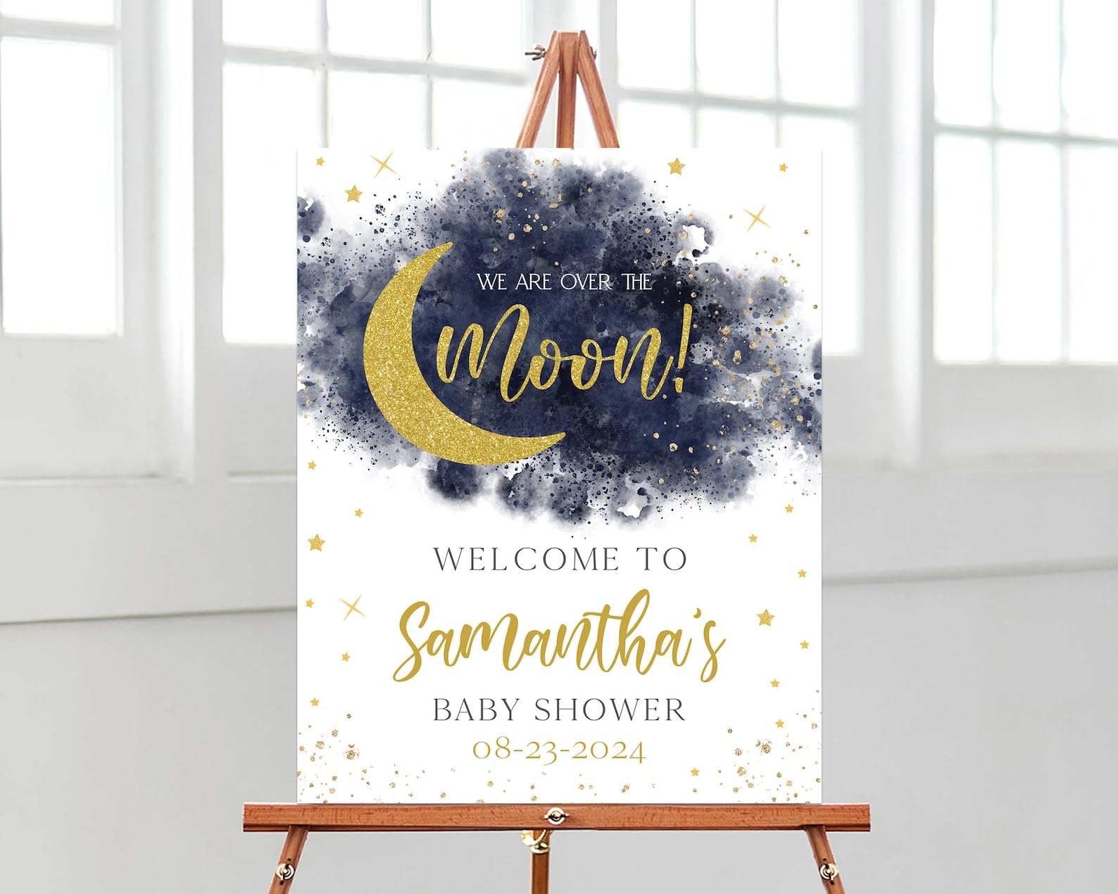 Blue We are Over the Moon Baby Shower Welcome Sign, Twinkle Little Star Shower Poster, Gold Moon Star Boy Shower Decor