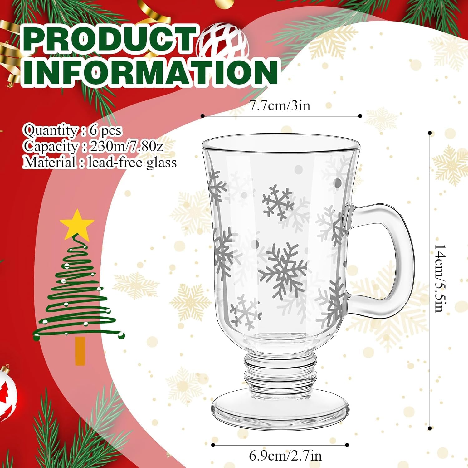 Sliner Kaffeetassen aus Glas mit Griff, 237 ml, transparent, irische Füße, Kaffeetassen, Winterurlaub, für Getränke, Latte, heiße Schokolade (Schneeflocke), 12 Stück