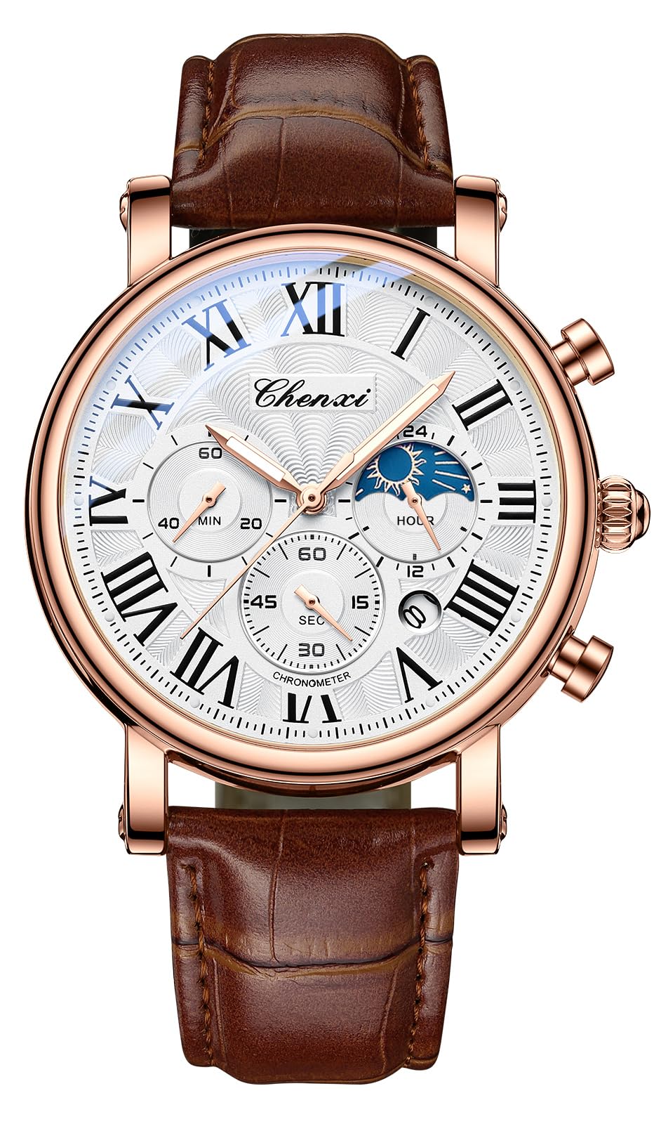 FANMIS Men's Classic Multifunctional Military Sports Analog Watch Business Dress Waterproof Luminous Chronograph Starry Sky Moon Phase Leather Wristwatch