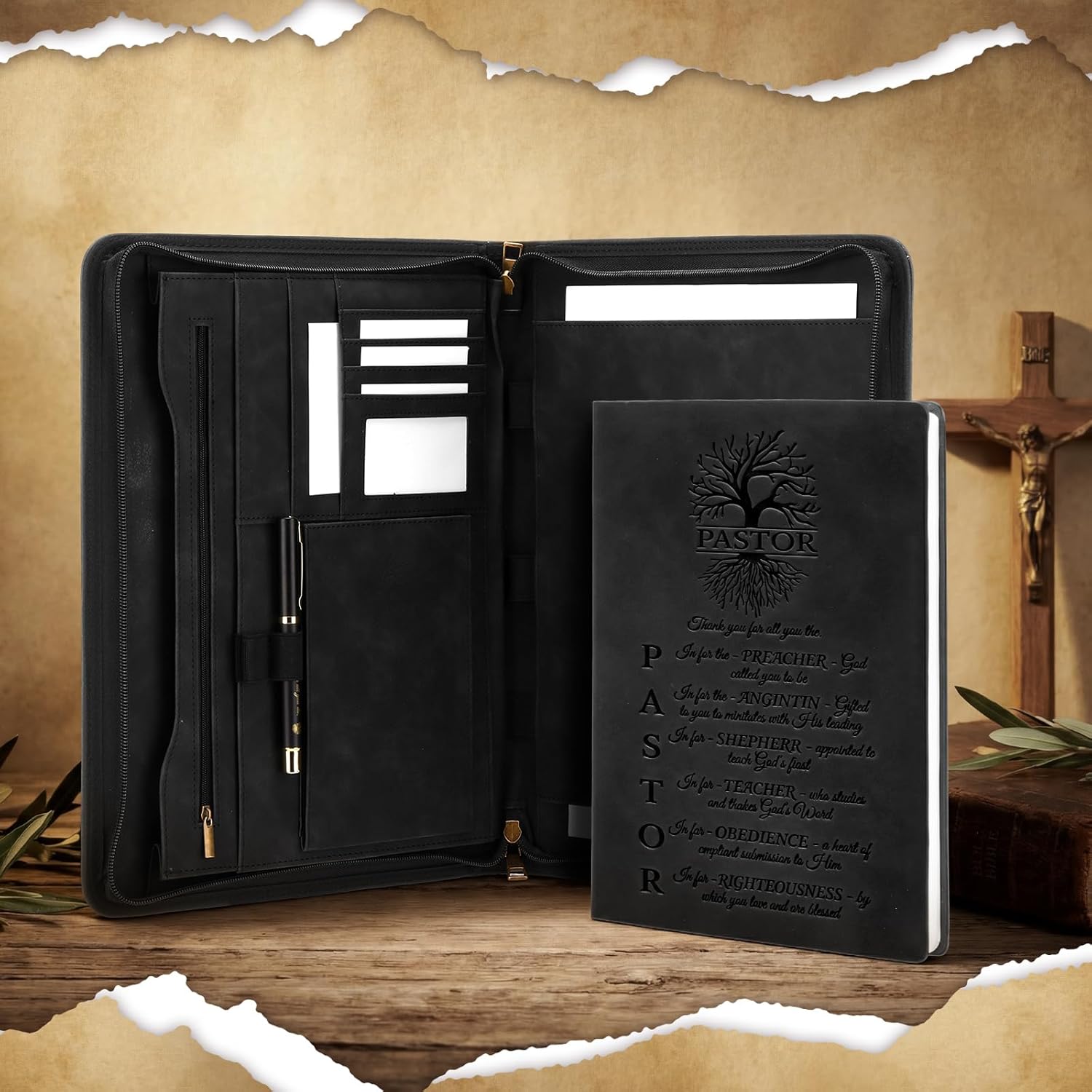 Fuyoooo 3 Pcs Christian Gifts for Church Men Pastor's Appreciation Gifts Leather Bible Verse Portfolio Scripture Notebook Bible Pen Religious Portfolio for Pastor Ordained Minister