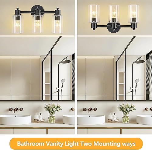 Miniatura 4 de Lámpara de tocador de baño de 3 luces, acabado negro mate con pantallas de vidrio templado, iluminación moderna sobre espejo para bañotocador,