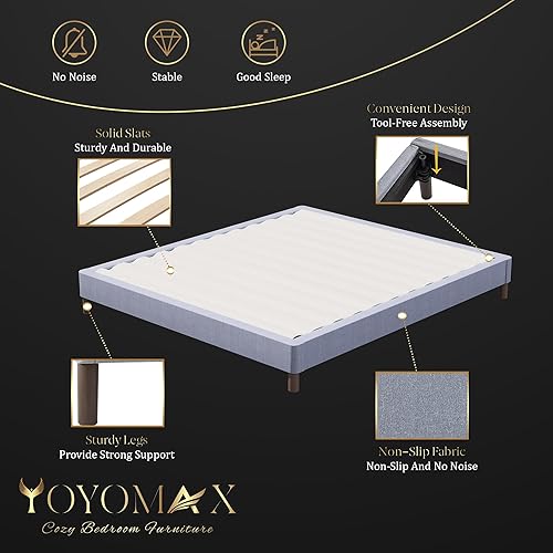 Miniatura 7 de yoyomax Marco de cama de tamaño matrimonial, soporte de listones de plataforma de madera clásica, base de colchón, montaje sin herramientas en 10