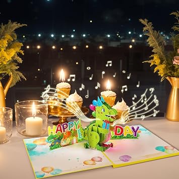 Musical Dinosaur Birthday Card, Dinosaur Pop Up Birthday Cards with Envelope, 3D Happy Birthday Greeting Cards for Your Son Daughter Nephew Niece.